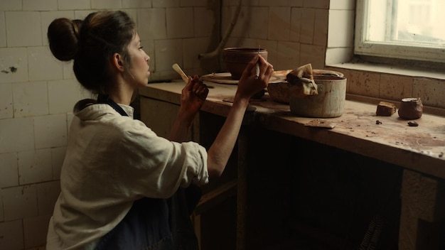 Closeup young artist using tools in workshop Serious female ceramist decorating clay pot in studio Focused woman working with wet clay in pottery in slow motion