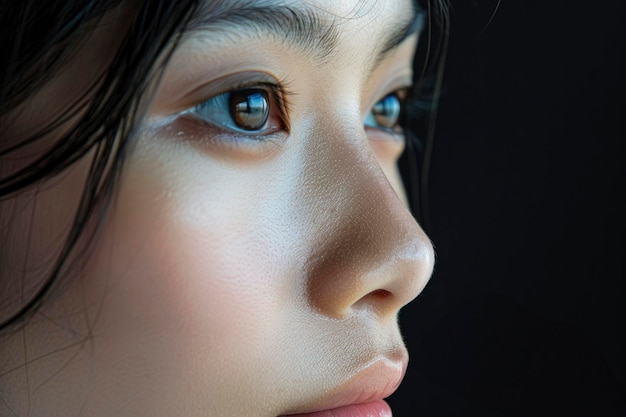 Closeup of a young Asian girls profile her eye glistening with innocence and curiosity