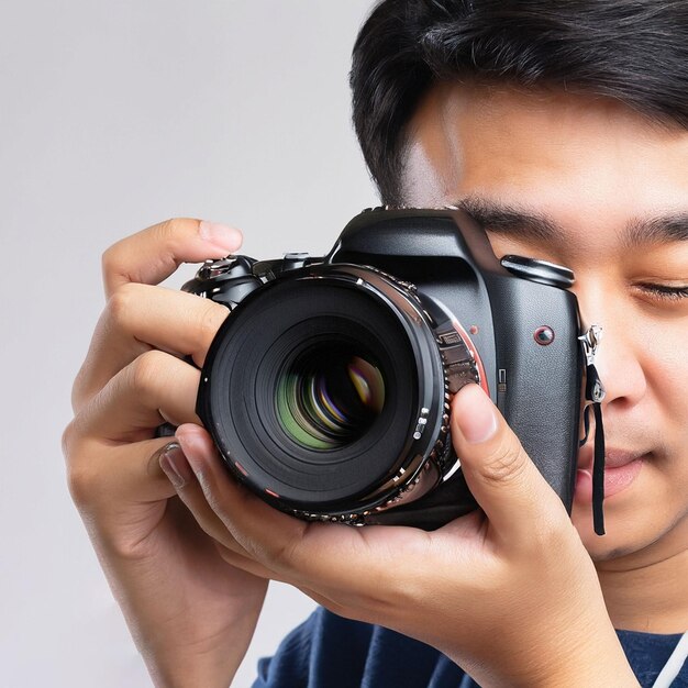 Closeup Young Asian man with camera isolated on white background photographer concept generative ai