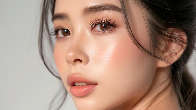 Клоуз-ап молодой азиатской женщины с легким макияжем ее глаза красиво усилены длинными
