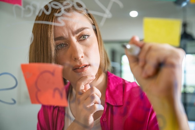 Foto closeup di una giovane e bella imprenditrice caucasica presenta un'idea di marketing mentre scrive un'idea di marketing su una lavagna di vetro con una mappa mentale e note adesive colorate portrait brainstorm immaculate