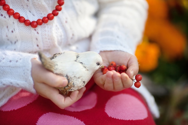 Closeup young child small hands holding creative ceramic handmade crafts black white bird.  Little girl feeding your ceramic bird with mountain ash berries.  Unique gift for friend friends or family
