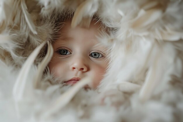 Closeup of a young childs face partially hidden by soft feathers
