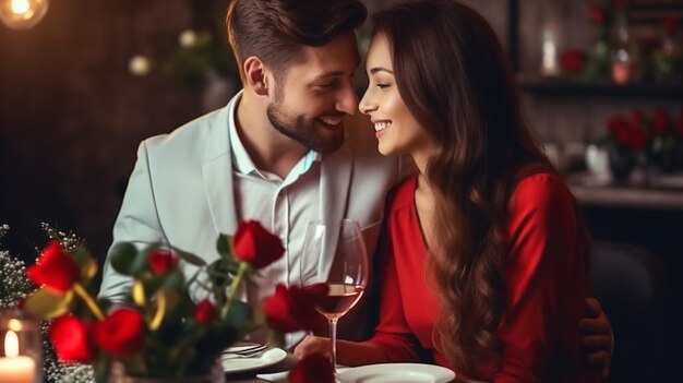 Closeup of young couple in love sitting at cafe looking at each other