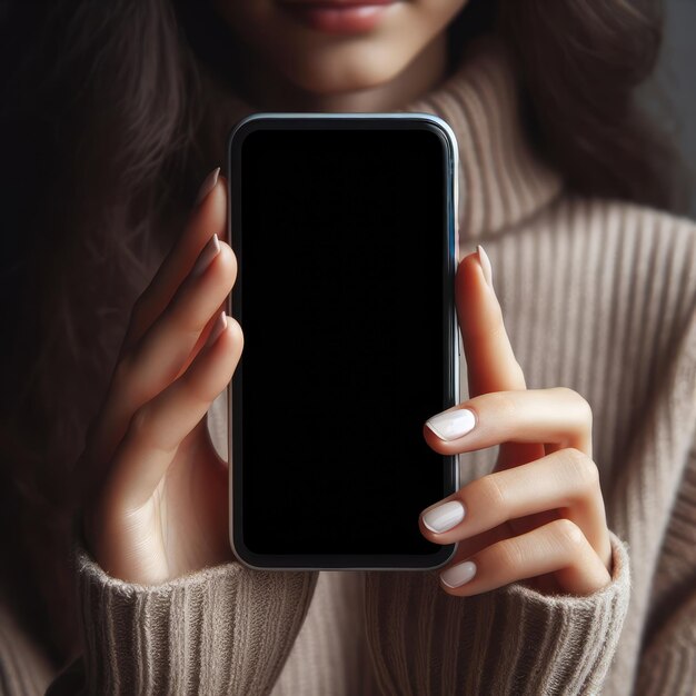 Foto close-up di giovani mani femminili che tengono in mano uno smartphone con uno schermo nero vuoto vuoto per