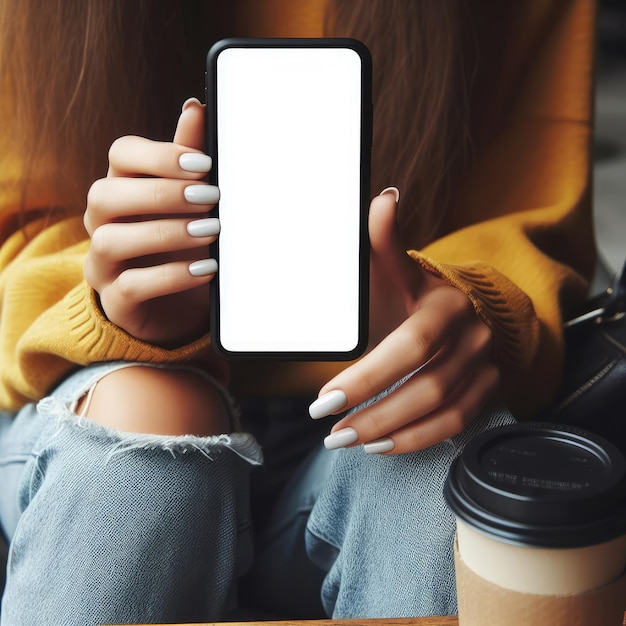 Photo closeup of young female hands holding smartphone cell phone with a blank empty white screen for
