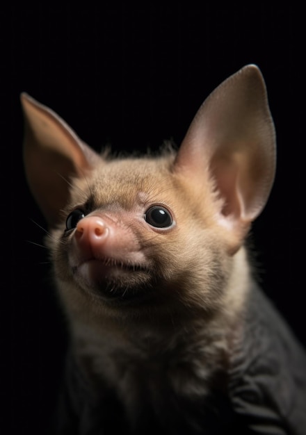 Closeup of a young fruit bat on dark background