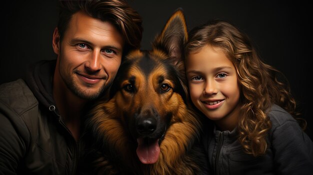 Foto close-up di un giovane padre bello con una bambina carina e un amichevole pastore tedesco il tema della genitorialità