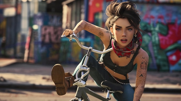 Closeup of young hipster woman holding her foot on bicycle peda