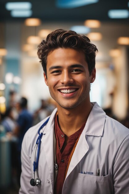 A closeup of a young male doctor standing tall and proud in a clinic illuminated by a bright che