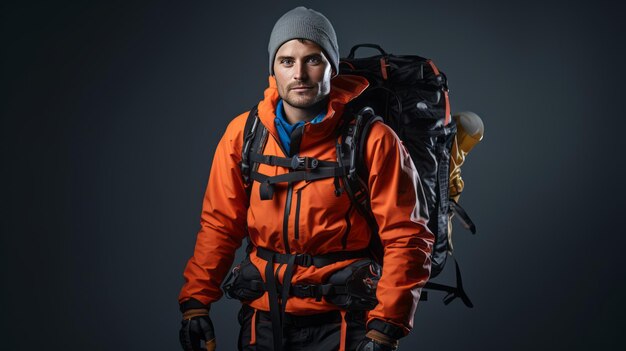 Closeup of young male hiker with gear