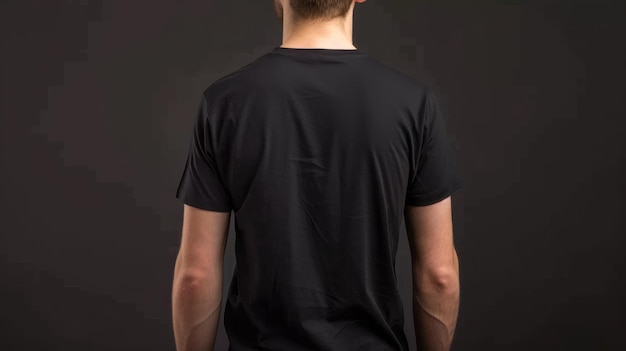 A closeup of a young man in an isolated front and back view of an empty black tshirt Design template for printing