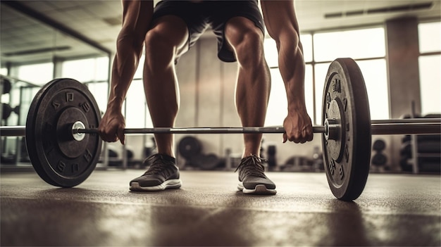 Closeup of a young man lifting barbell at the gym