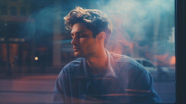 Closeup of a young man on the street at night