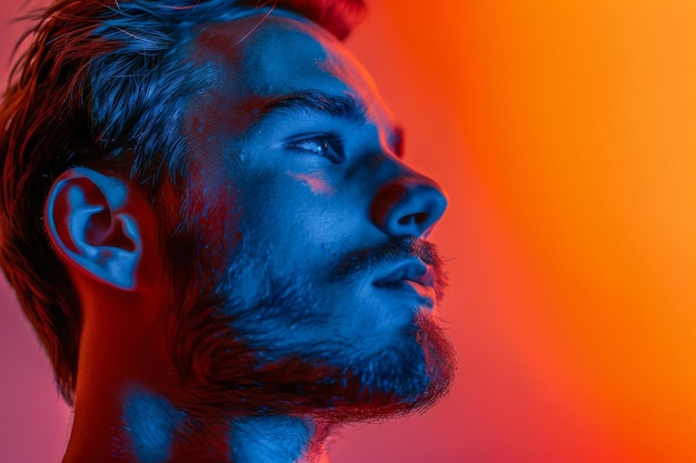 Closeup of a young man with a beard bathed in a dramatic blue and red light giving him a contemplative and moody appearance