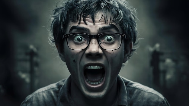 Closeup of young man with glasses screaming