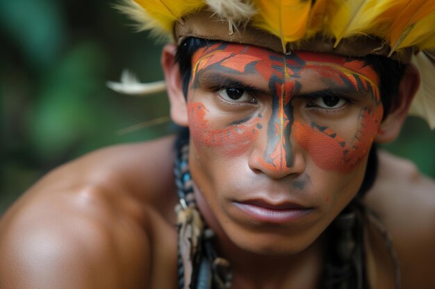 文化遺産と先住民のアイデンティティを想起させる伝統的な顔塗りと羽毛の頭飾りを着た若い男のクローズアップ