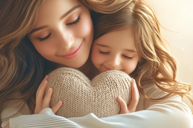 Closeup of young mother and cute little daughter with heart sign enjoy close tender moment together