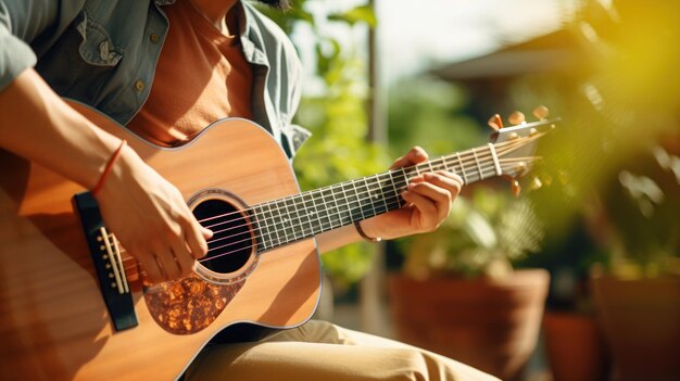 closeup young playing the guitar enjoy with friend