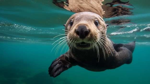 Closeup of young sea otter Enhydra lutris Floating in ocean on the California coast