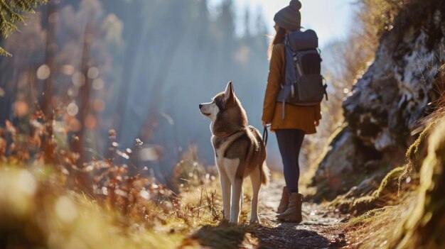 Photo closeup young trekking with siberian husky dog on the mountain