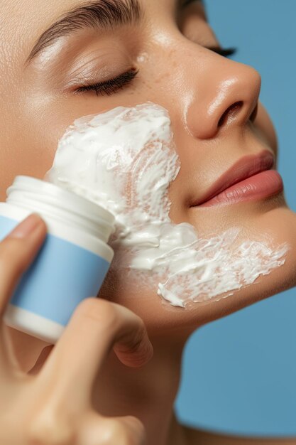 Closeup of a young woman applying white cream on her face