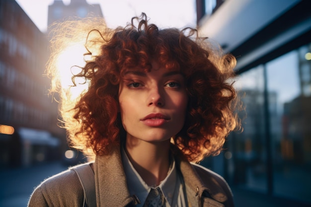 Closeup of a young woman in a city