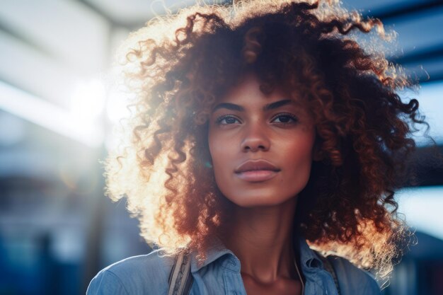 Closeup of a young woman in a city