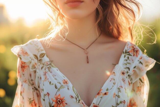 Closeup of a young woman in a floral dress Generative AI