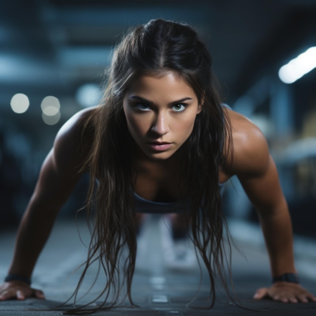 Closeup of a young woman in the gym pushing through an intense set of pushups Her face reflects