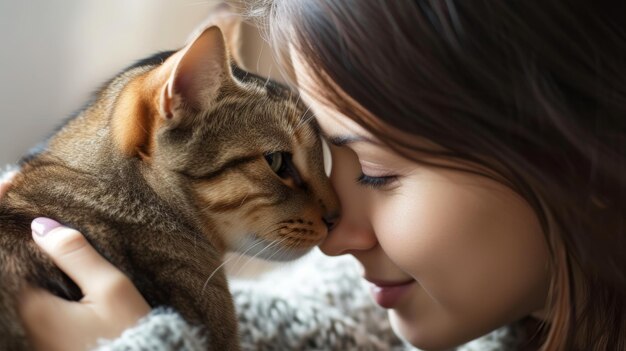 어린 여자 와 그녀의 타비 고양이 가 조용 한 애정 의 순간 을 나누고 있는 클로즈업