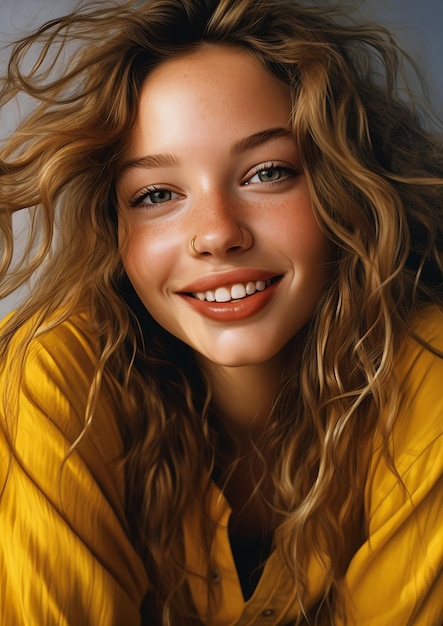 closeup young woman long hair smiling city yellow about curls fair skinned portrait rugged girl