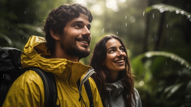 Closeup Young woman and man trekking natural in the rain forest