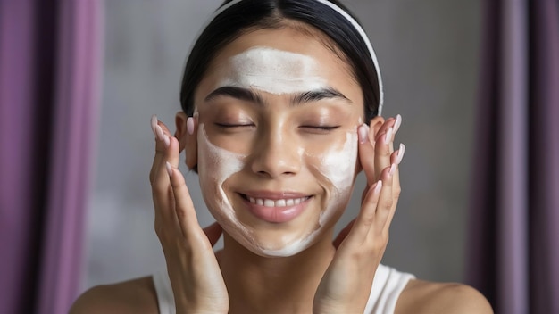 Closeup of young woman purifying the facial skin
