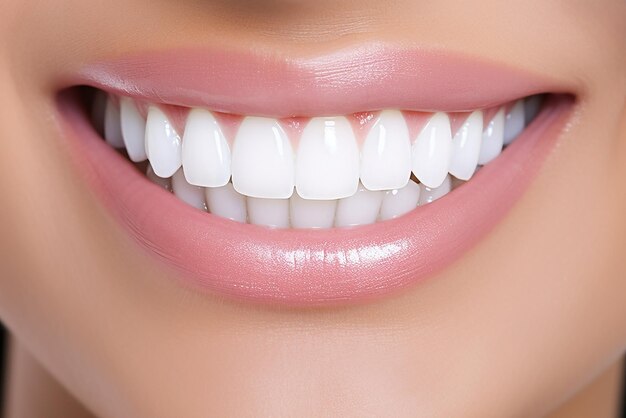 Photo closeup of a young woman smiling with white teeth dentistry concept