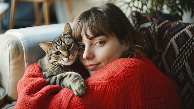 Photo closeup of young woman together with pet holding cat on counch at home