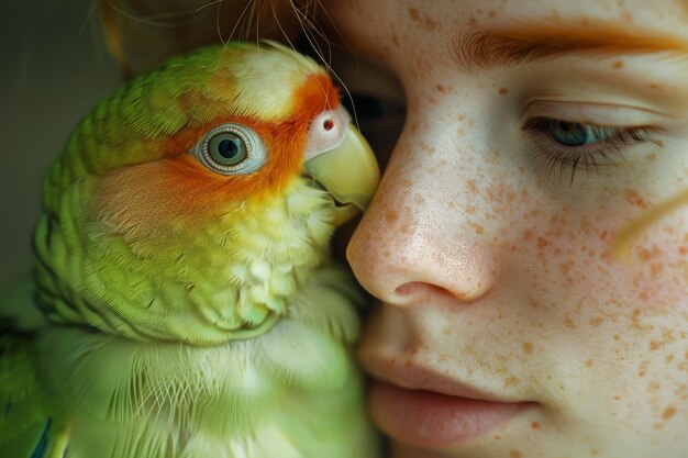 Foto un primo piano di una giovane donna con le freccette e il suo pappagallo verde