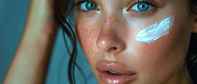 Photo closeup of a young woman with a glowing complexion applying hydration cream