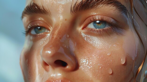 Closeup of a young womans face with water droplets on her skin Her eyes are open and her lips are slightly parted