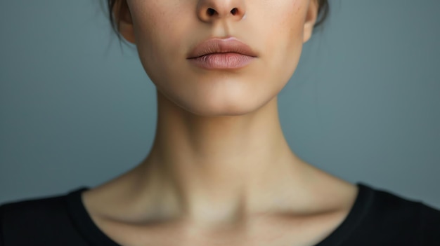 Photo closeup of a young womans lips and chin she has a neutral expression on her face her skin is smooth and flawless