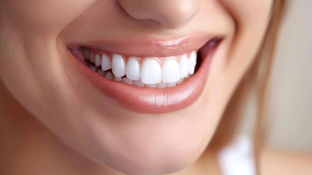 Photo closeup of a young womans smile she has perfect white teeth and pink lips