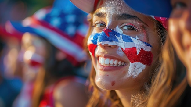 アメリカ国旗を顔に塗った若い女性のクローズアップが国際サッカー場で