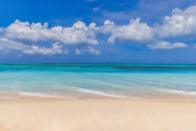 Closeup zandstrand zee golven en blauwe zomer hemel. Panoramisch kustlandschap. Lege tropische kust