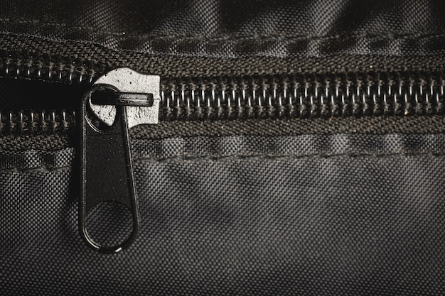 Closeup zipper on a black bag