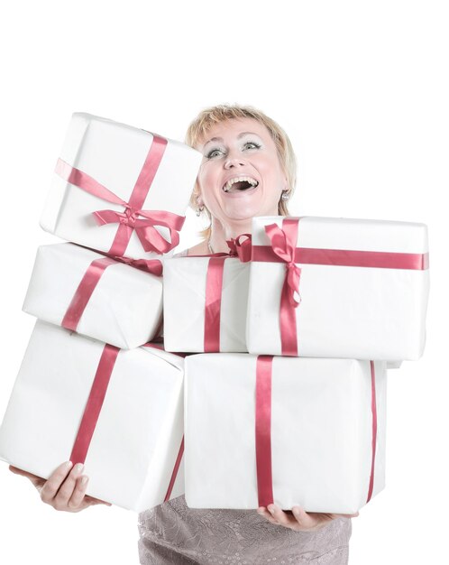 Closeupbeautiful woman with gift boxesisolated on a white