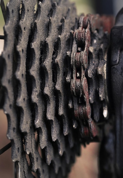 Photo closeupl of an old bike gear cassette