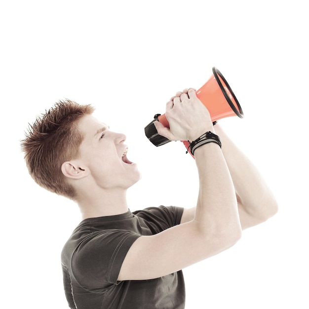 Closeupmodern young man with a megaphone