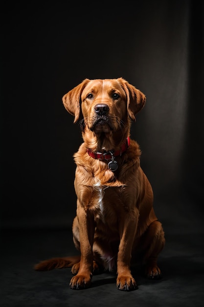 Photo a closeupof a red labrador illuminated by a single spotlight against a black background