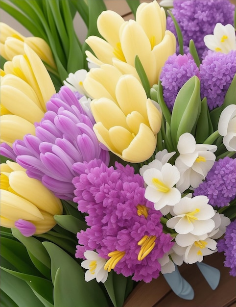 チューリップ、水仙、ヒヤシンスなどの繊細な花のクローズアップが、魅惑的な雰囲気を作り出しています。