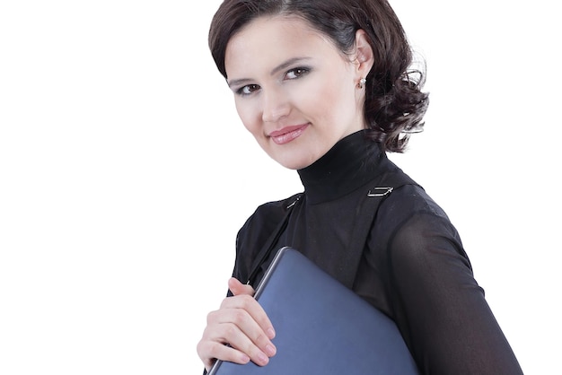 Крупным планом успешная деловая женщина с ноутбуком